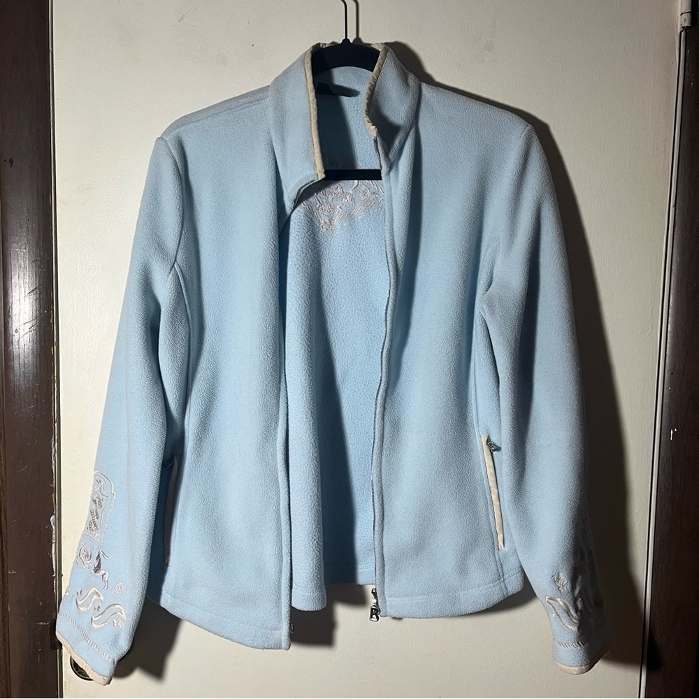 Bogner Vintage Full Zip Sweater Embroidered Fleece Ski Light Blue Womens Size 6
